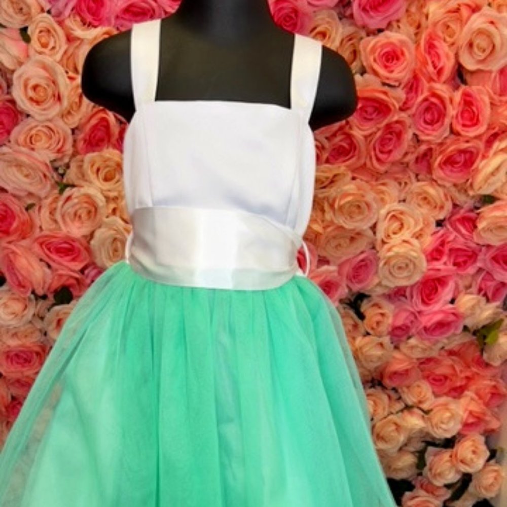 Little Girls White with Mint Tulle Dress Size 8 # 3639